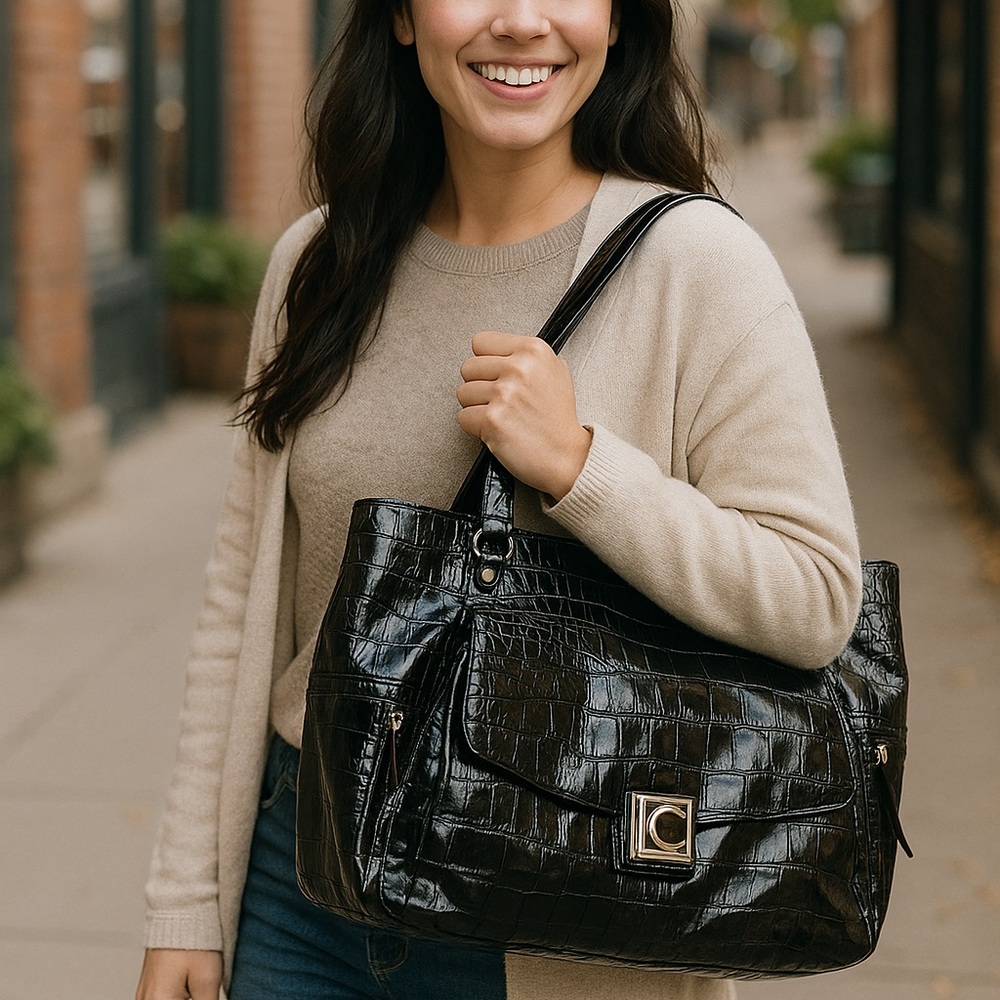 Liz Claiborne Black Crocodile-Embossed Tote Bag